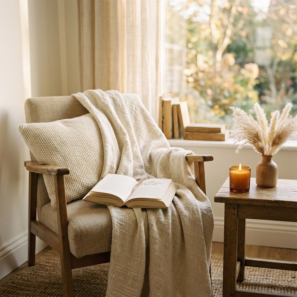 Cozy Reading Corner with Candle and Textured Throw